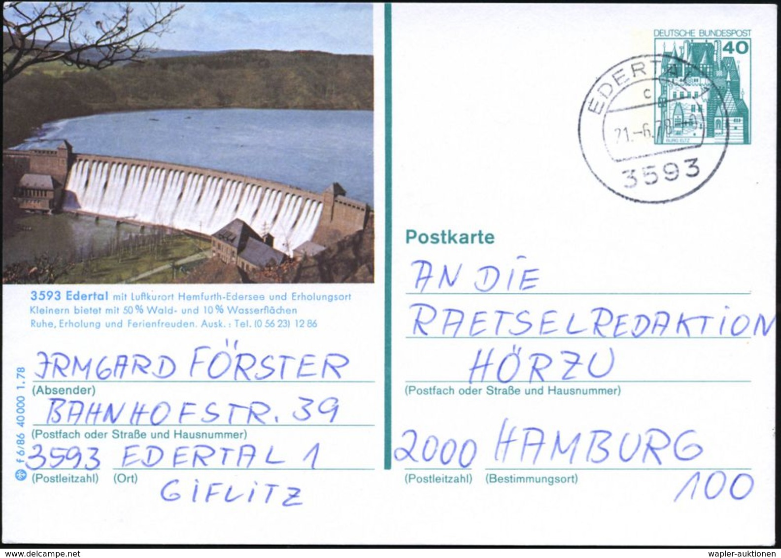 3593 EDERTAL 1/ C 1978 (3.11.) 1K Auf Ortsgleicher 40 Pf. BiP Burgen, Grün: Edersee-Talsperre , Bedarf!, Seltene Kombina - Wasser