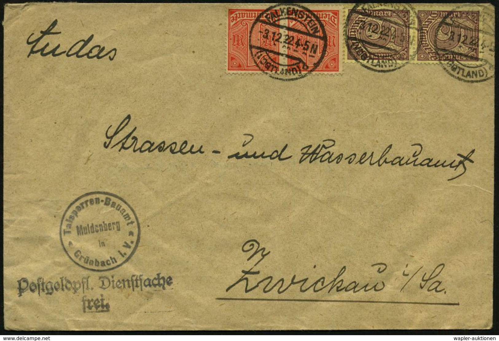 FALKENSTEIN/ (VOGTLAND)/ B 1922 (3.12.) 1K-Brücke + Schw. 1K-Hdn: Talsperren-Bauamt/ Muldenberg/Grünbach I.V. , Dienst-F - Water