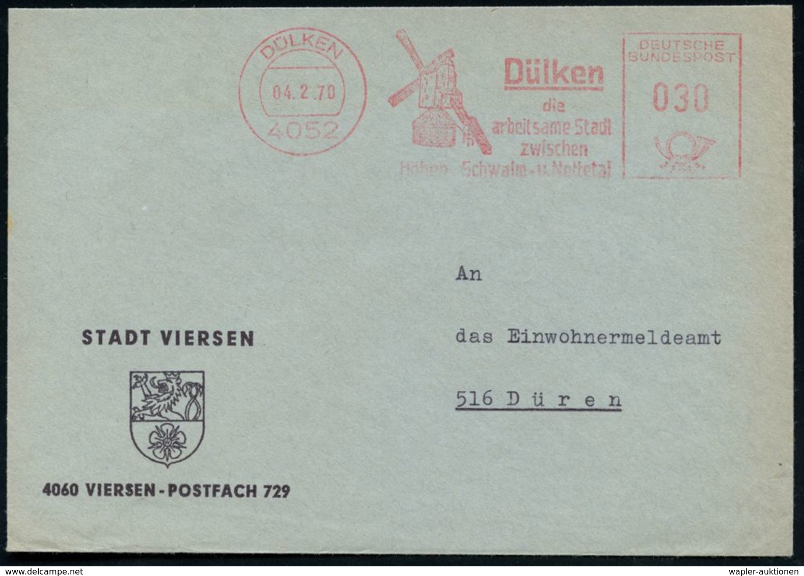 4052 DÜLKEN/ Die/ Arbeitsame Stadt... 1964 (22.1.) AFS = Windmühle , Dekorativer Kommunal-Bf. Mit Stadtwappen (Dü.E-23CG - Otros & Sin Clasificación