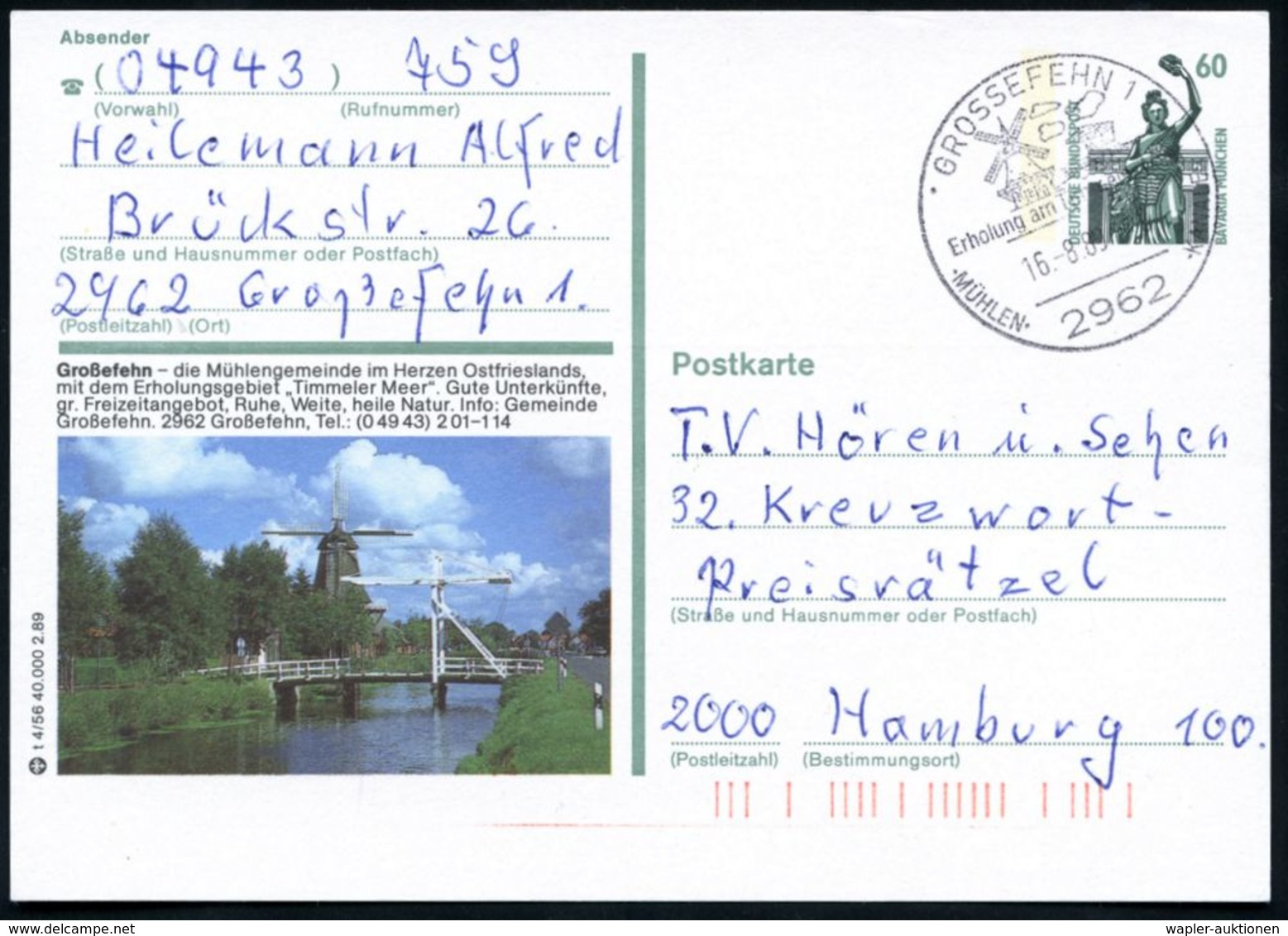 2962 GROSSEFEHN 1/ ..MÜHLEN/ KANÄLE 1989 (Aug.) HWSt = Galerie-Windmühle (u. Ziehbrücke) Auf Orts- Und Motivgl. BiP 60 P - Andere & Zonder Classificatie