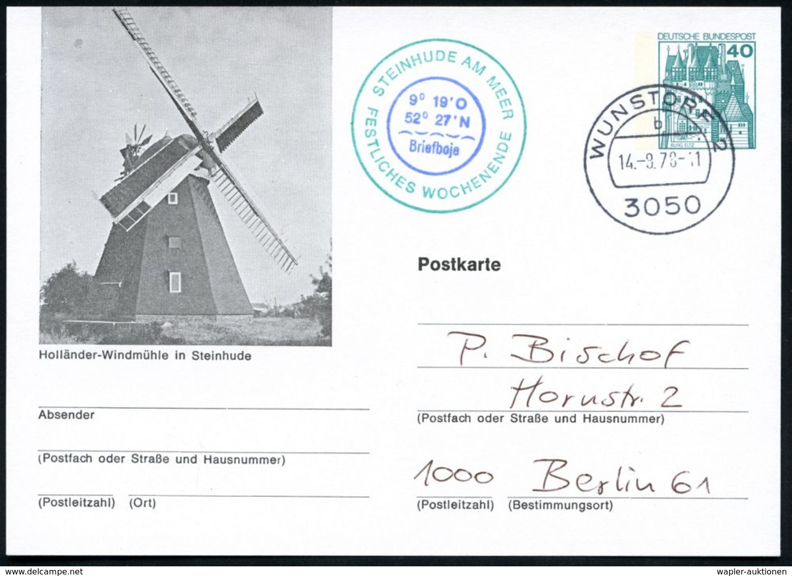3050 WUNSTORF 2/ B 1978 (14.8.) 1K Auf PP 40 Pf. Burgen, Grün: Holländer-Windmühle In Steinhude + Zweifarbiger HdN:  STE - Andere & Zonder Classificatie