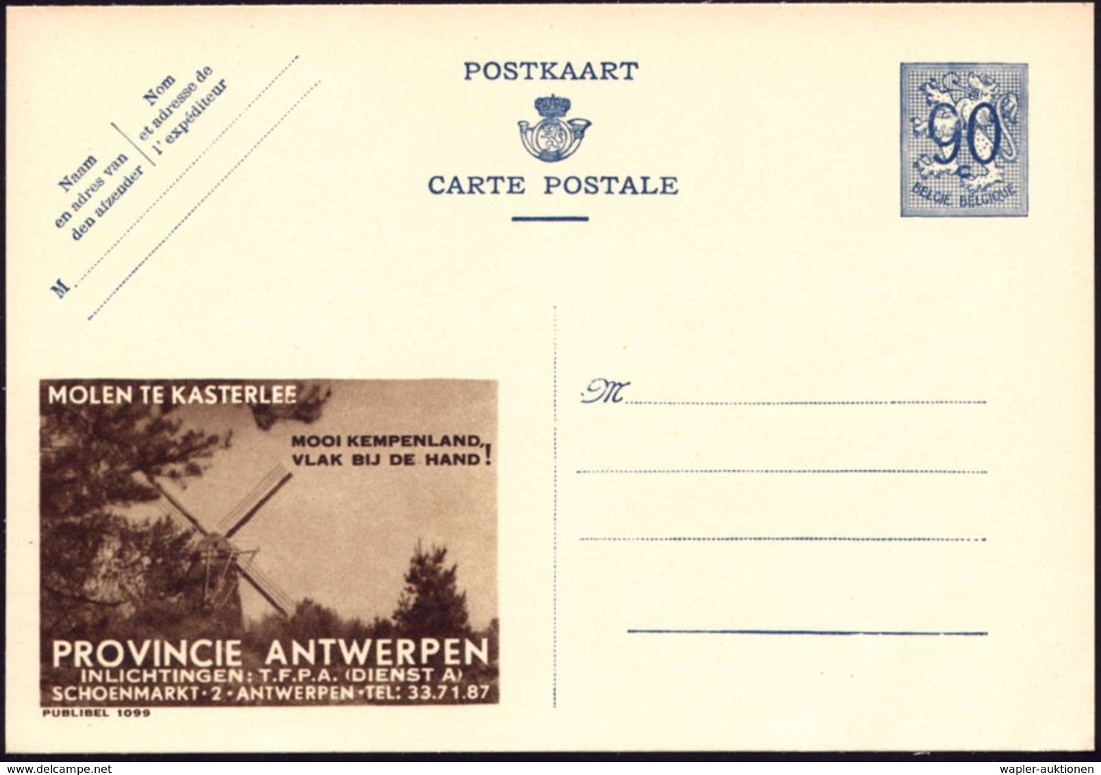 BELGIEN 1951 90 C. Reklame-P Ziffer ,blau:  MOLEN TE KASTERLEE.. = Windmühle , Ungebr. (Mi.P 273 II / 1099) - - Altri & Non Classificati