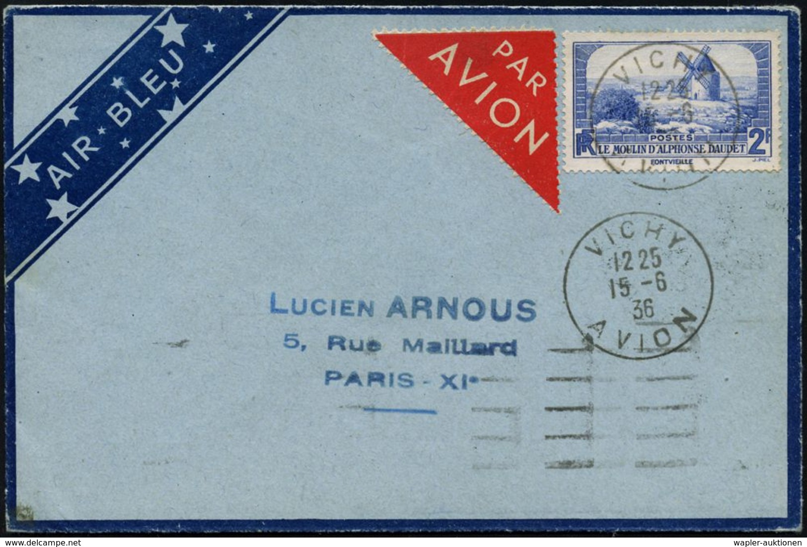 FRANKREICH 1936 (15.6.) 2 F. "Die Mühle Von Alphonse Daudet", EF , Klar Gest. (VICHY), Inl.-Flp.-Bf., Rs. 2 AS V.PARIS,  - Andere & Zonder Classificatie