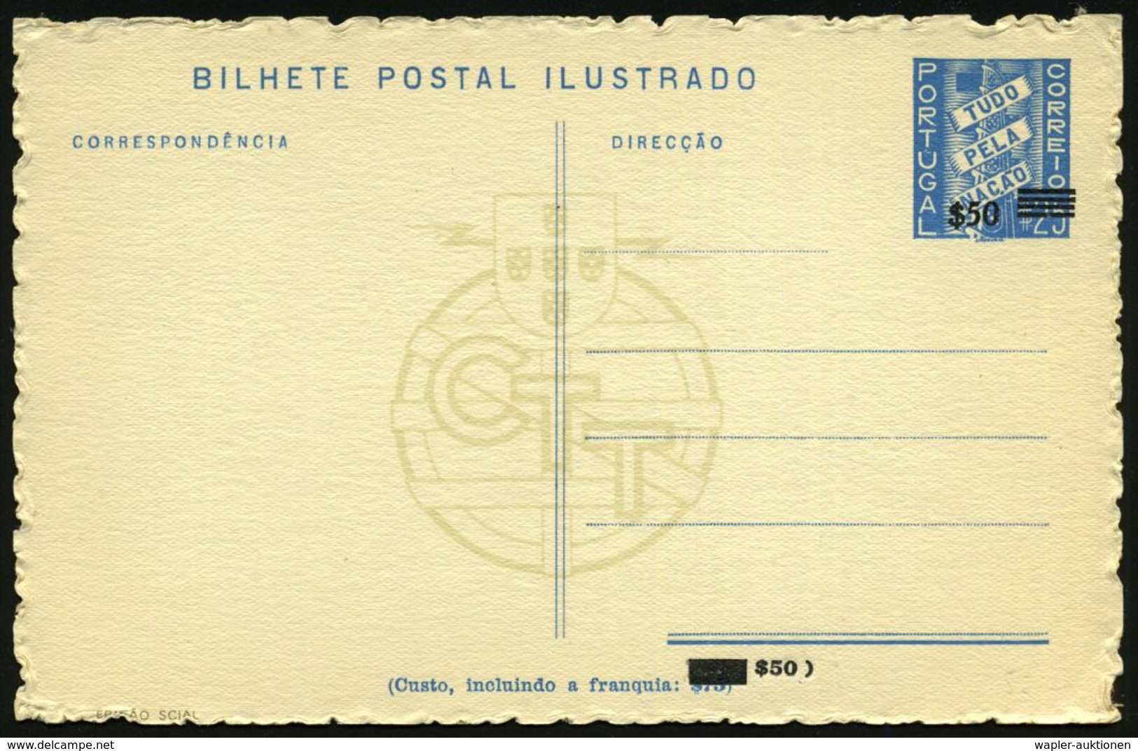 PORTUGAL 1953 50 C./25 C. BiP-Provisorium, Blau: MINHO - PAISAGEM = Wassermühle (+ Baum = Zeichnung) Ungebr. (Mi.P 97 I) - Andere & Zonder Classificatie
