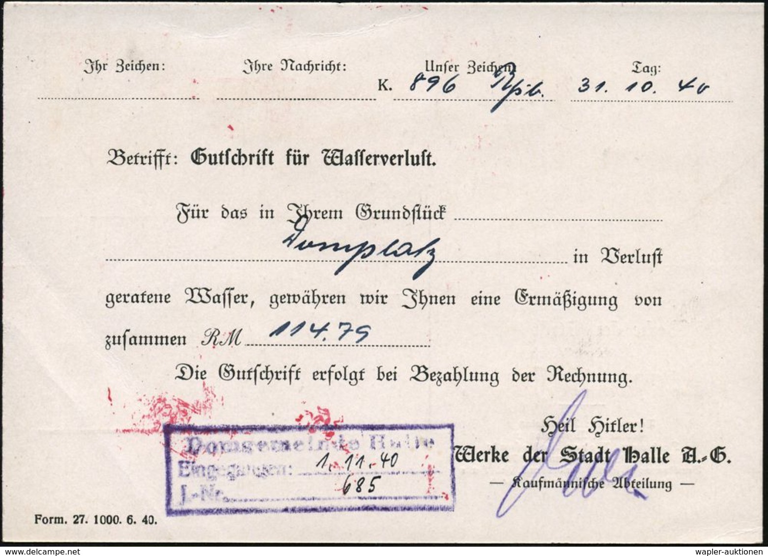 HALLE (SAALE) 2/ Werke Der Stadt Halle/ AG 1940 (1.11.) AFS Auf Kommunal-Kt.: Werke Der Stadt Halle.. Bergwerk / Elektri - Altri & Non Classificati