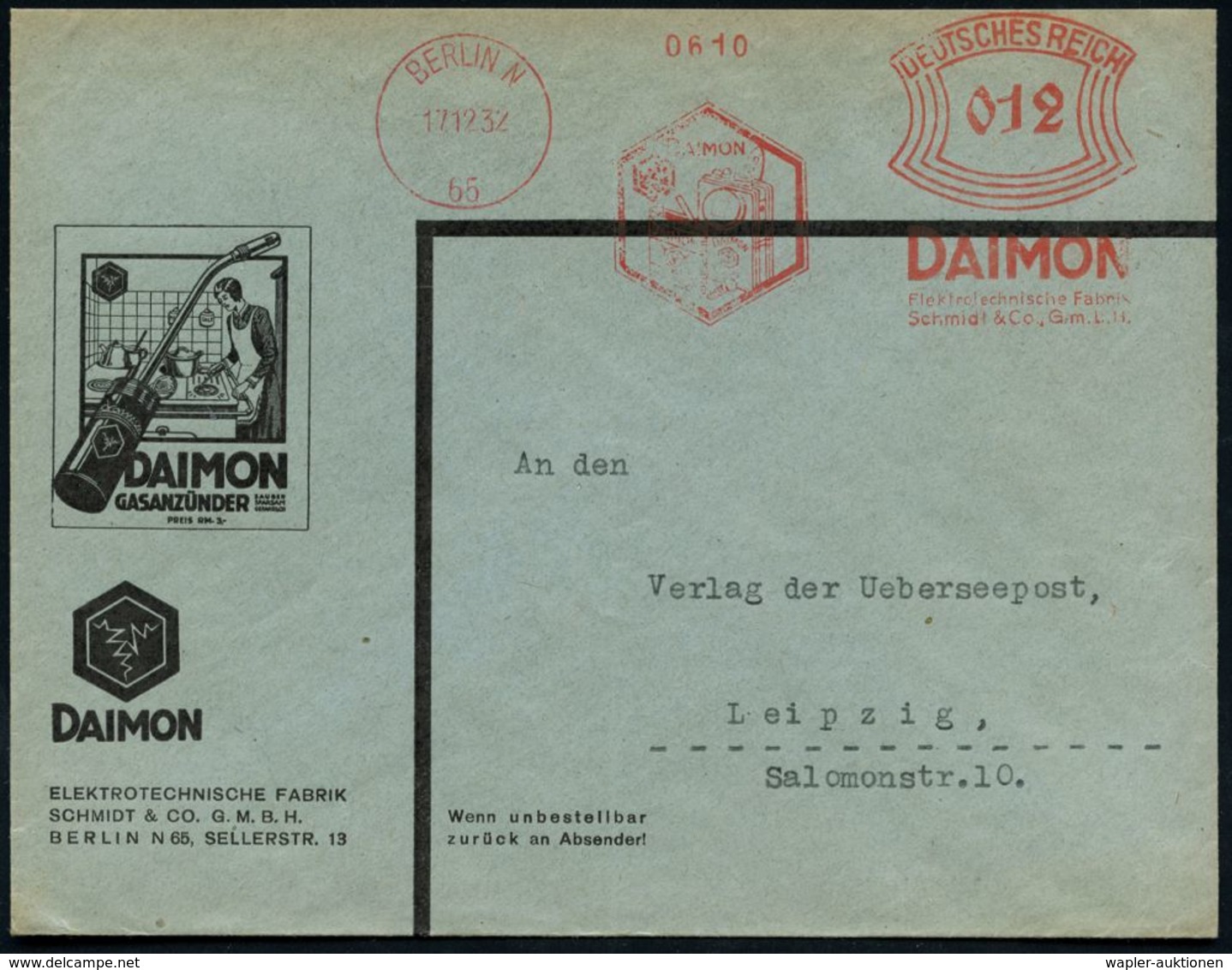 BERLIN N/ 65/ DAIMON/ Elektrotechn.Fabrik/ Schmidt & Co 1932 (Dez.) AFS = Taschenlampe U. Trocken-Batterie , Dekorat. Re - Elektriciteit