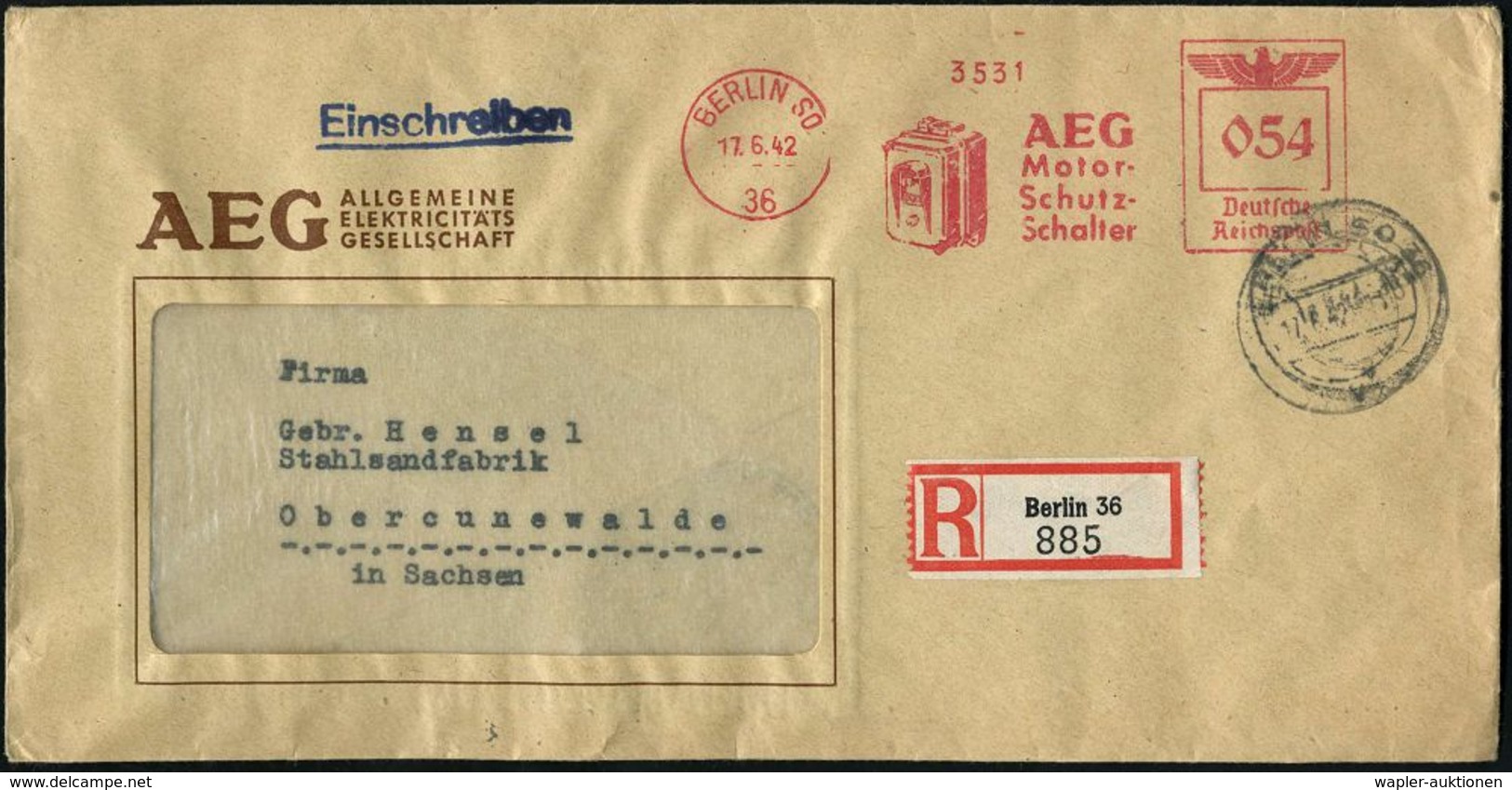 BERLIN SO/ 36/ AEG/ Motor-/ Schutz-/ Schalter 1942 (17.6.) AFS 054 Pf. = Schutzschalter + RZ: Berlin 36, AEG-Firmen-R-Bf - Electricité