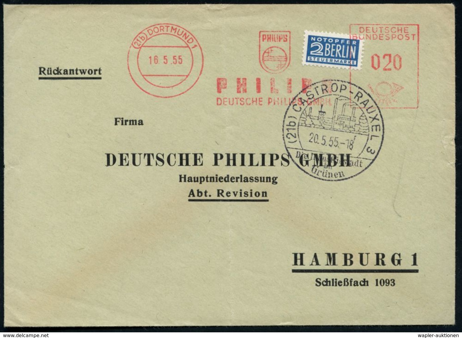 (21b) DORTMUND 1/ PHILIPS/ DEUTSCHE PHILIPS GMBH 1955 (18.5.) AFS (Firmen-Logo) Auf 2 Pf. NoB = VE , Gefalteter Firmen-A - Elettricità