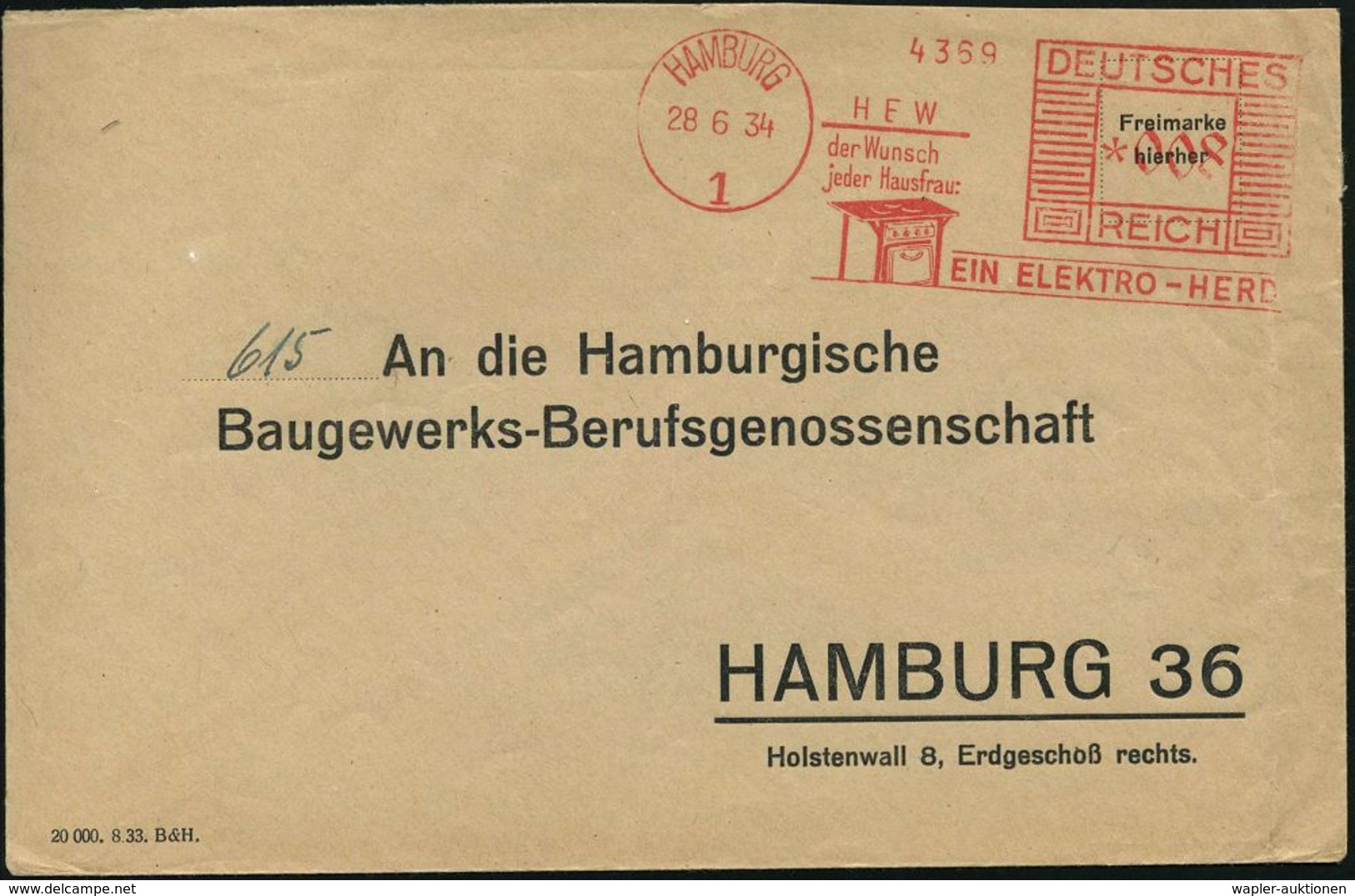 HAMBURG/ HEW/ Der Wunsch/ Jeder Hausfrau/ EIN ELKTRO-HERD 1934 (28.6.) AFS = Elektroherd , Klar Gest. Firmen-Orts-Bf. (D - Elettricità