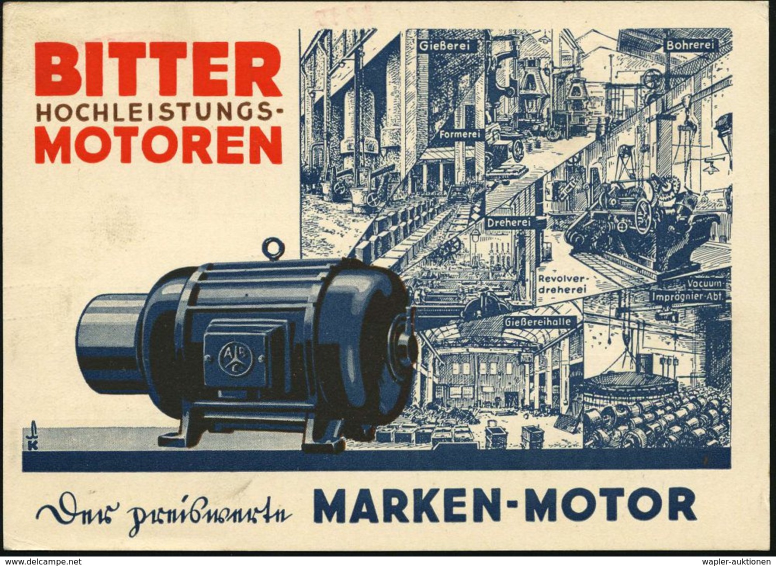 KASSEL/ 1/ BITTER-MOTOREN/ SIND/ HOCHLEISTUNGS-/ MOTOREN 1932 (8.8.) AFS , Dekorative, Zweifarbige.Reklame-Ak.: E-Motor  - Elettricità