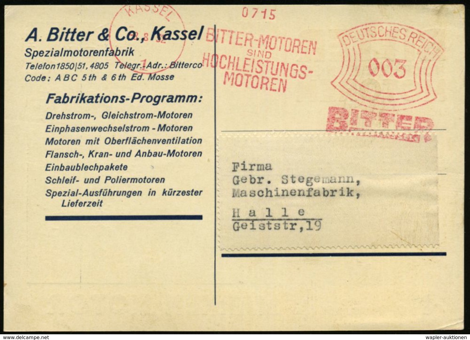 KASSEL/ 1/ BITTER-MOTOREN/ SIND/ HOCHLEISTUNGS-/ MOTOREN 1932 (8.8.) AFS , Dekorative, Zweifarbige.Reklame-Ak.: E-Motor  - Elettricità