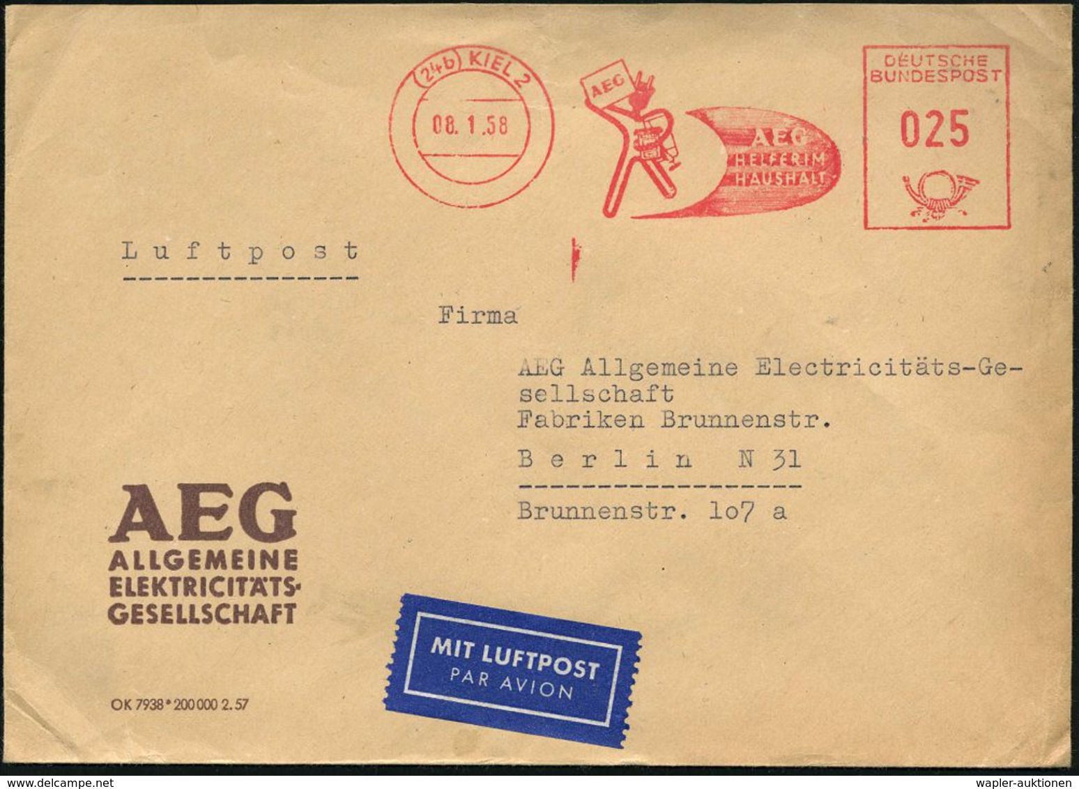 (24b) KIEL 2/ AEG/ HELFER IM/ HAUSHALT 1958 (8.1.) AFS 025 Pf. "Elektro-Teufel" Aus Elektrokabel (tansportiert Elektrohe - Electricidad