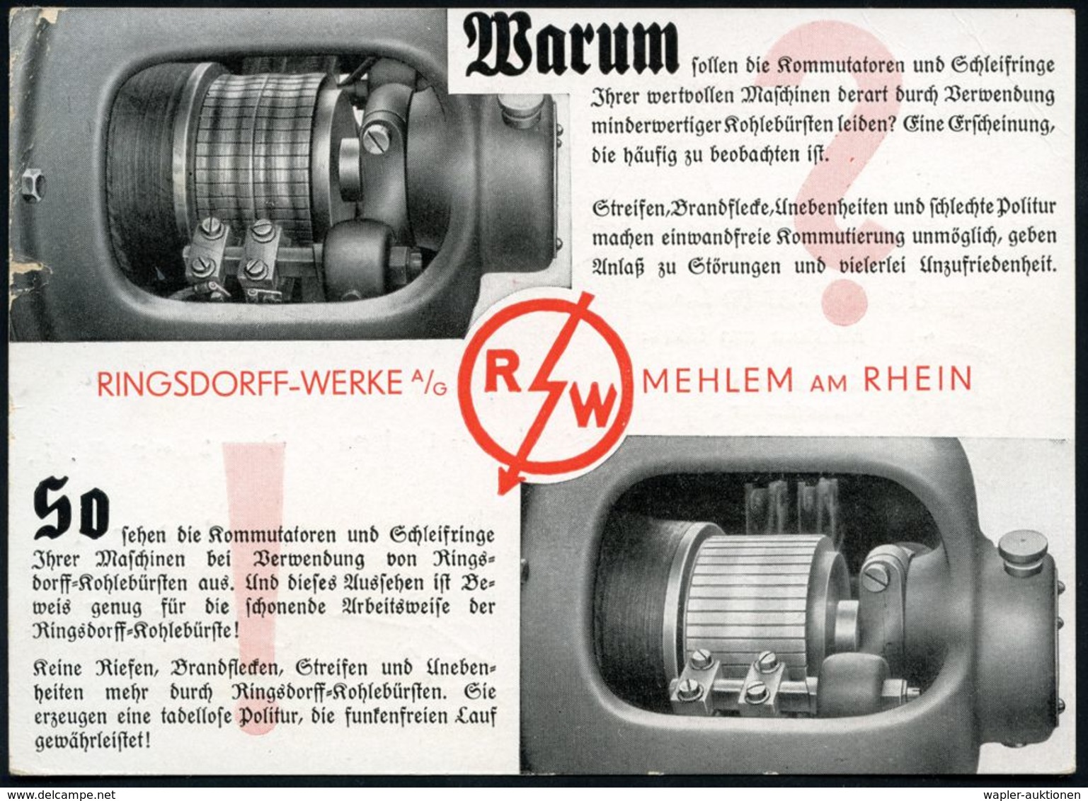 MEHLEM/ Bürstenhalter/ RINGSDORFF/ WERKE AG. 1935 (26.11.) AFS = Kohlebürstenhalter Auf Passender, Zweifarb. Reklamekt.! - Elektriciteit