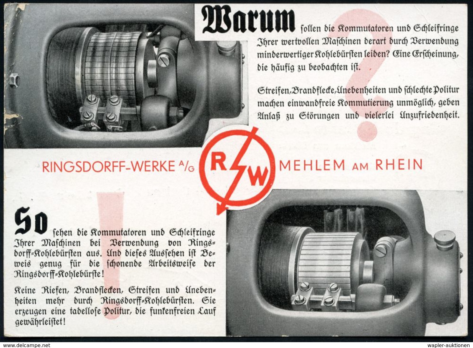 MEHLEM/ Bürstenhalter/ RINGSDORFF/ WERKE AG. 1935 (26.11.) AFS = Kohlebürstenhalter Auf Passender, Zweifarb. Reklamekt.! - Elettricità