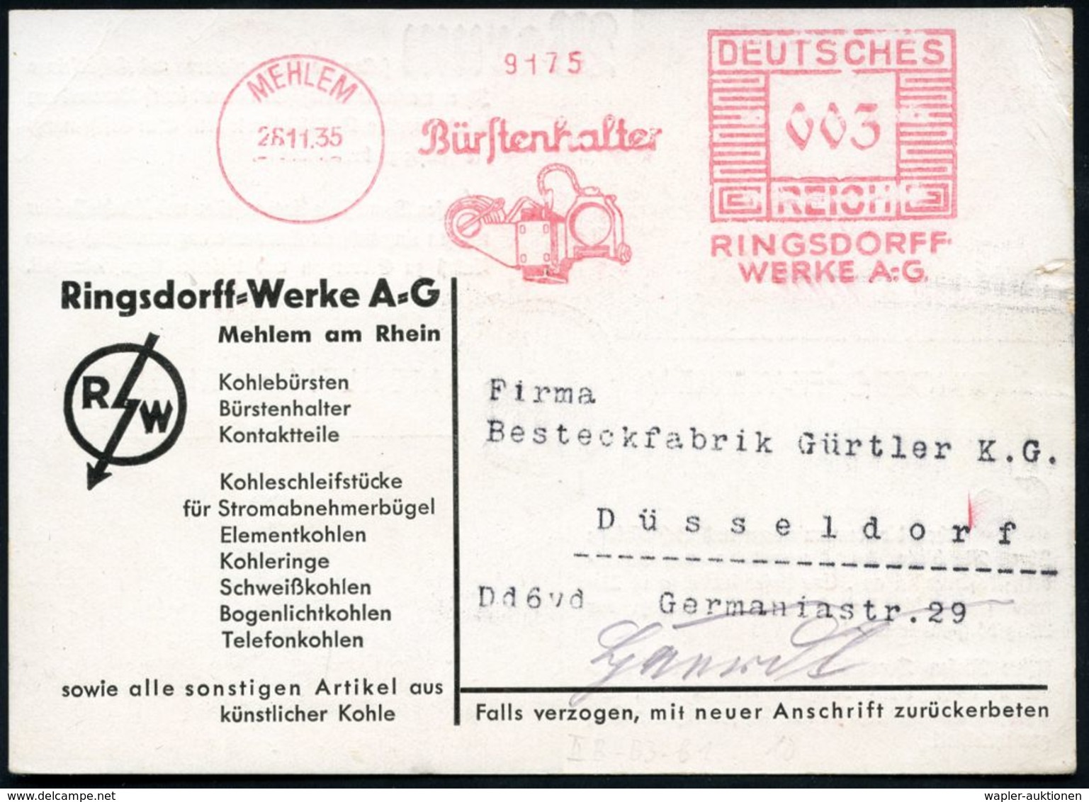 MEHLEM/ Bürstenhalter/ RINGSDORFF/ WERKE AG. 1935 (26.11.) AFS = Kohlebürstenhalter Auf Passender, Zweifarb. Reklamekt.! - Elektrizität