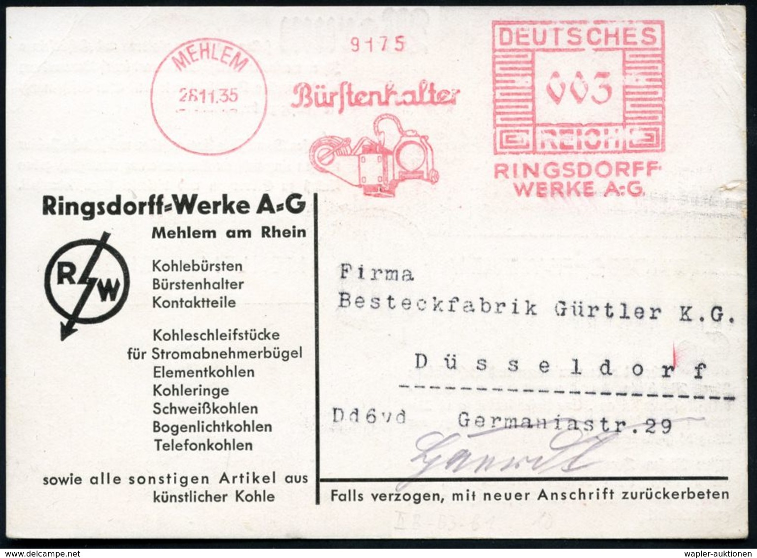 MEHLEM/ Bürstenhalter/ RINGSDORFF/ WERKE AG. 1935 (26.11.) AFS = Kohlebürstenhalter Auf Passender, Zweifarb. Reklamekt.! - Elettricità