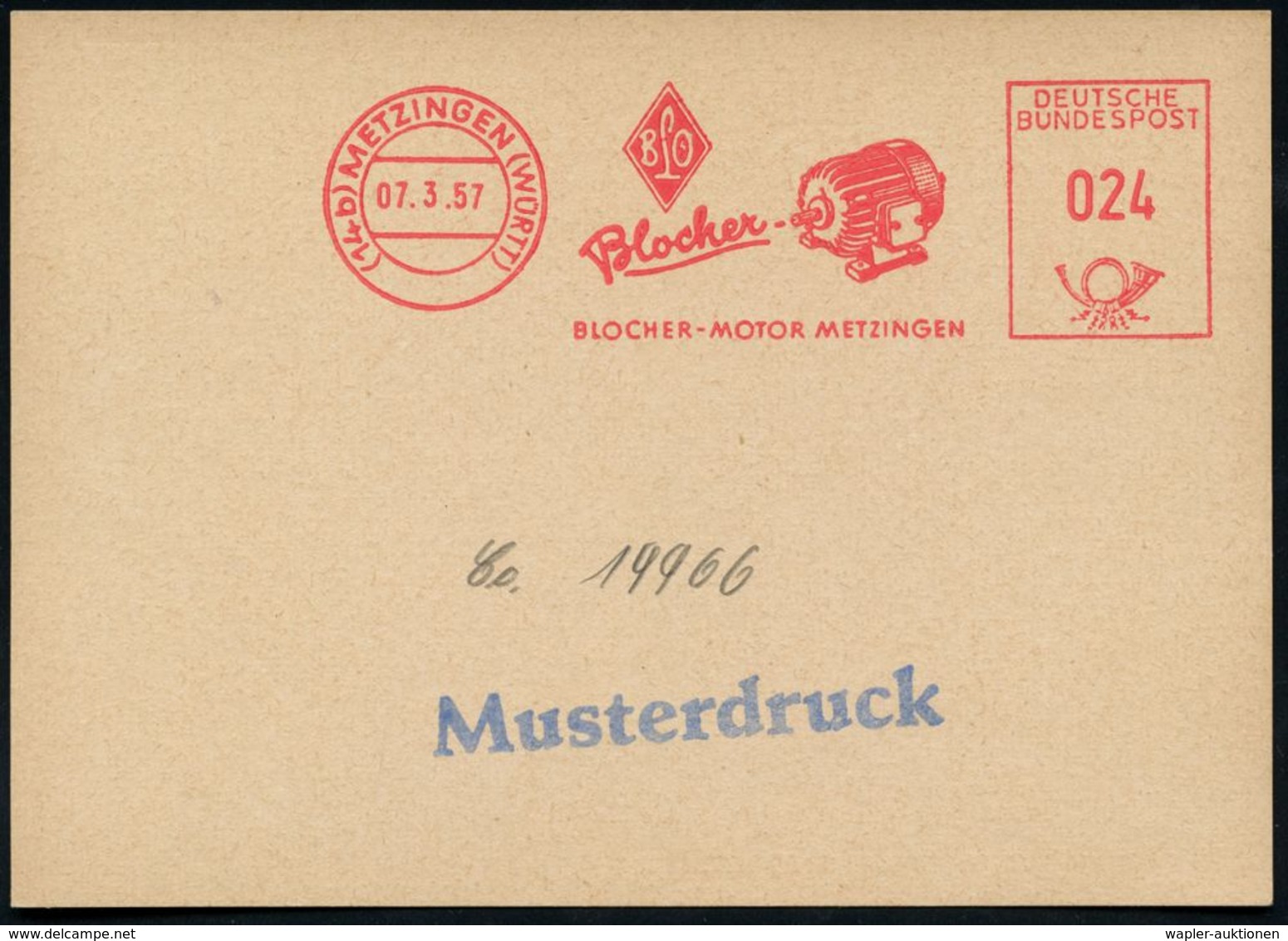 (14b) METZINGEN (WÜRTT)/ ..BLOCHER-MOTOR METZINGEN 1957 (7.3.) AFS Archivmuster (Elektromotor) + Bl. 1L: "Musterdruck" + - Elektriciteit