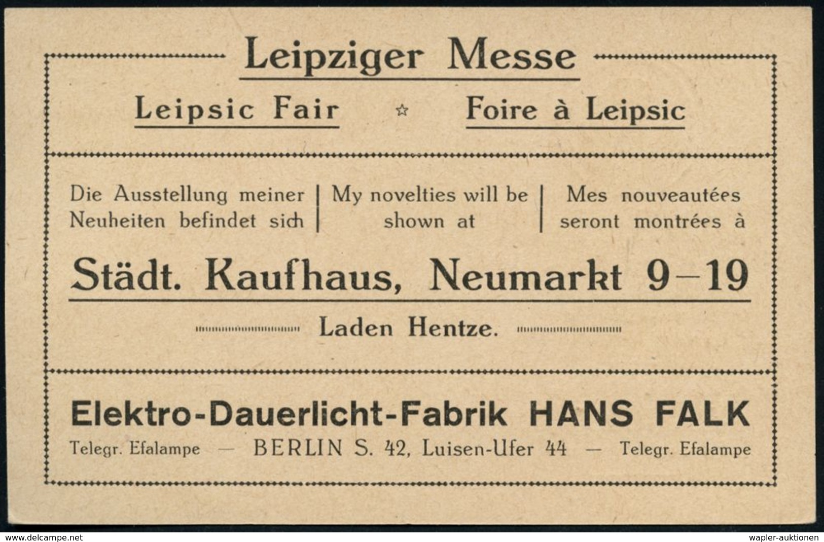 DT.BES.BELGIEN 1917 Amtl. P 7 1/2 Pf. Germania, Organge + Vs./rs. Zudruck: HANS FALK/ Elektro-Dauerlicht-Fabrik Berlin 4 - Elettricità