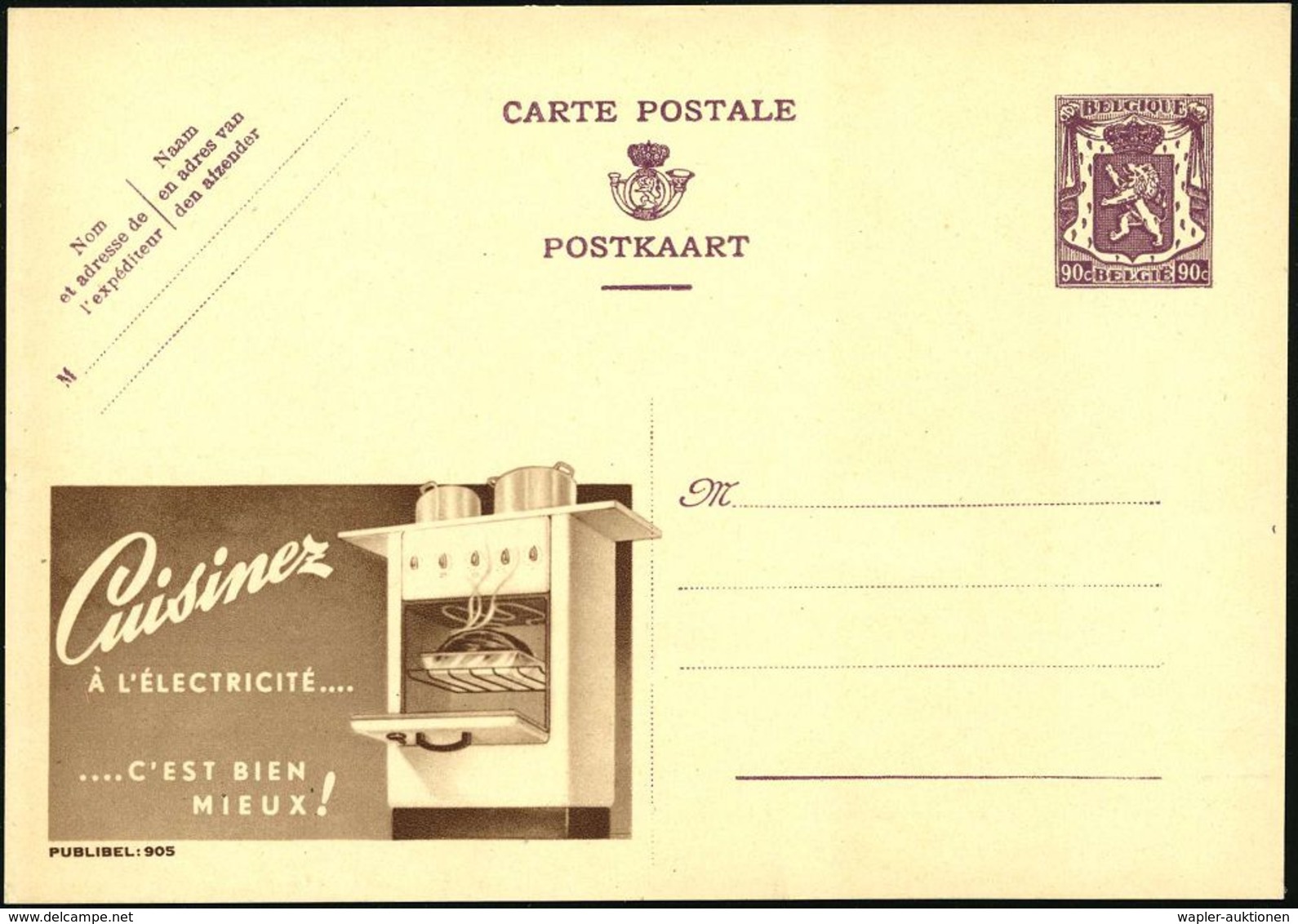 BELGIEN 1948 90 C. Reklame-P, Braunlila: Cuisinez/A LELECTRICITE.. = Elektroherd (mit Braten, Töpfen) Ungebr. (Mi.P 248  - Elettricità
