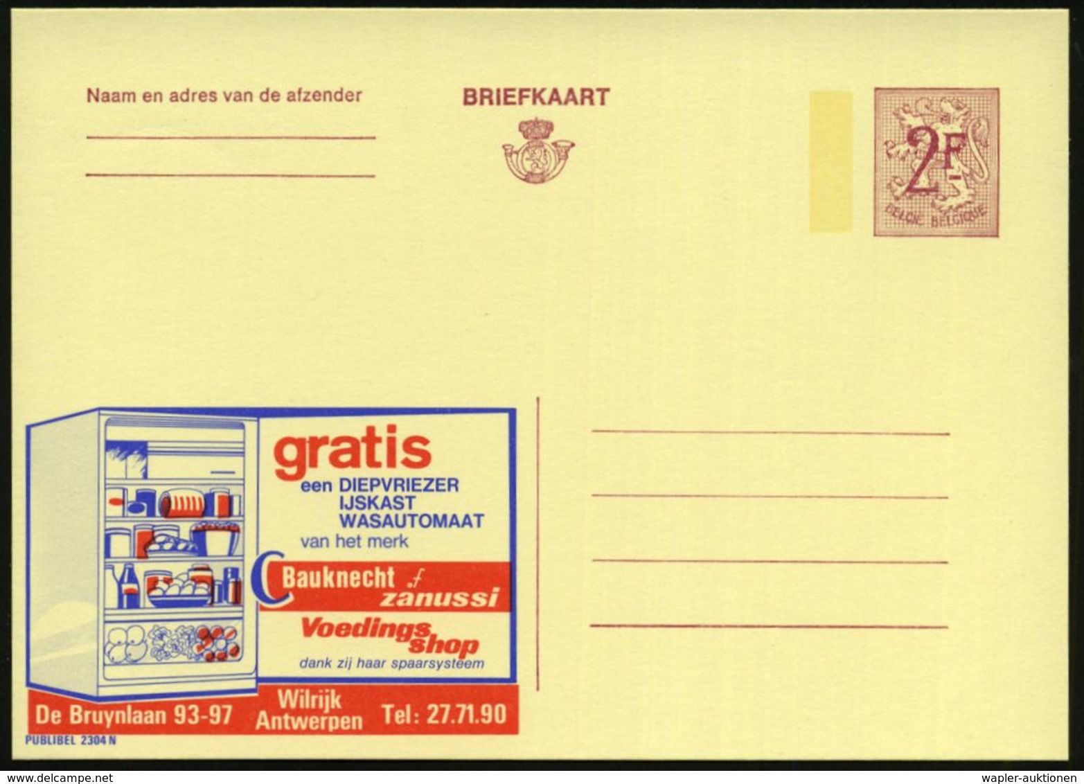 BELGIEN 1969 2 F. Reklame-P, Weinrot: Bauknecht Af/zanussi../sparsysteem = Energiespar-Kühlschrank (mit Eier, Obst, Gemü - Elettricità