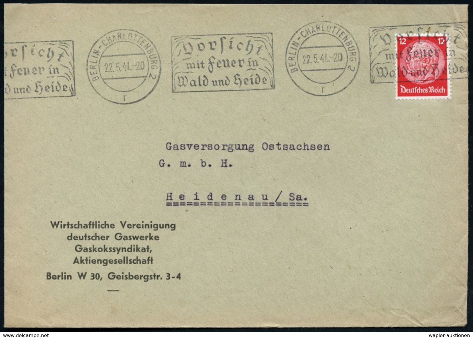 BERLIN-CHARLOTTENBURG 1941 (19.11.) 12 Pf. Hindenbg. , EF Mit Firmenlochung: "W.V.G." = W Irtschaftl. Vereini-gung Deuts - Gas