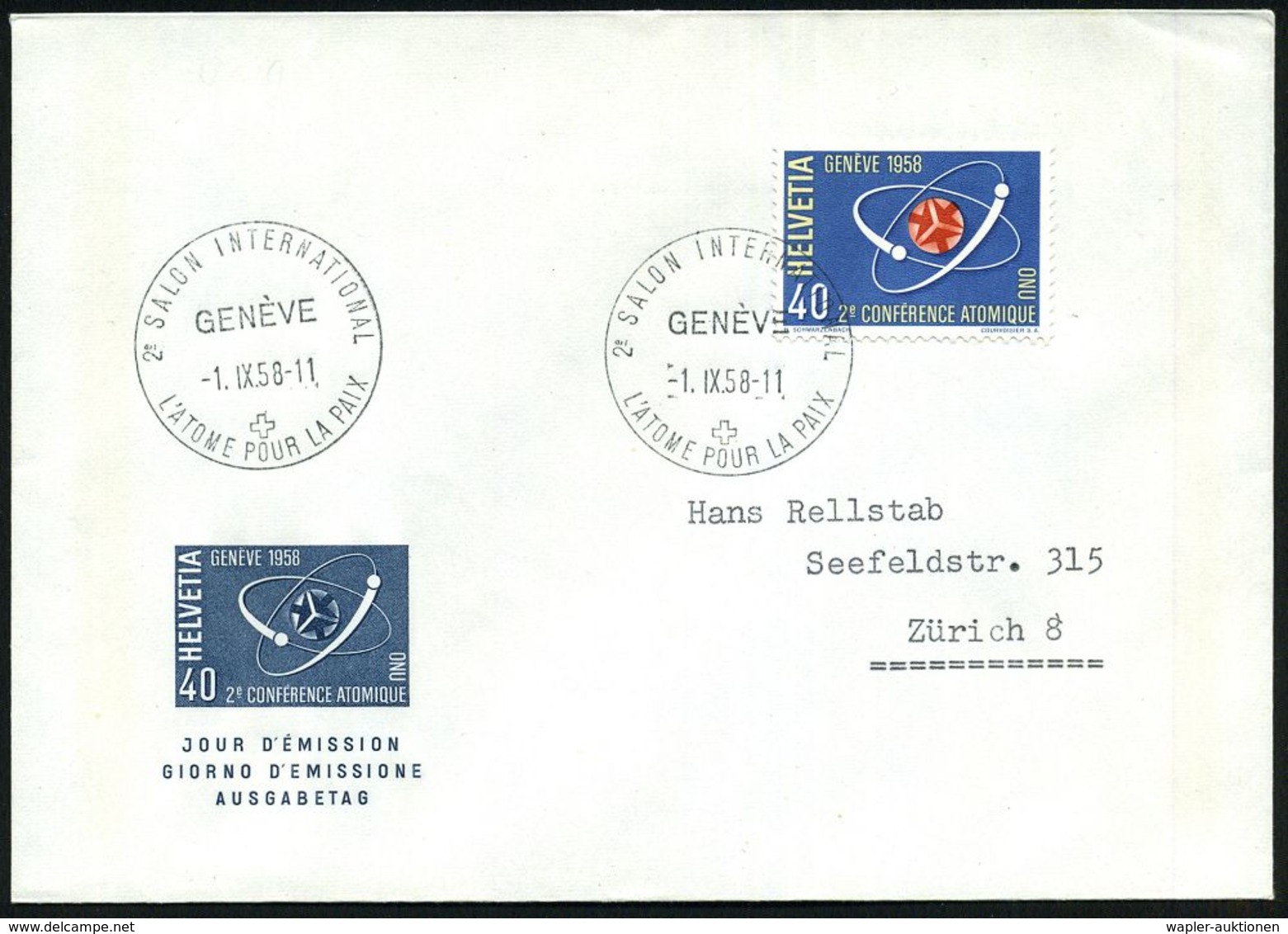 SCHWEIZ 1958 (1.9.) SSt: GENEVE/2e. SALON INTERNATIONAL/ L'ATOME POUR LA PAIX (= UNO-Atom-Konferenz Für Den Frieden)  EF - Altri & Non Classificati