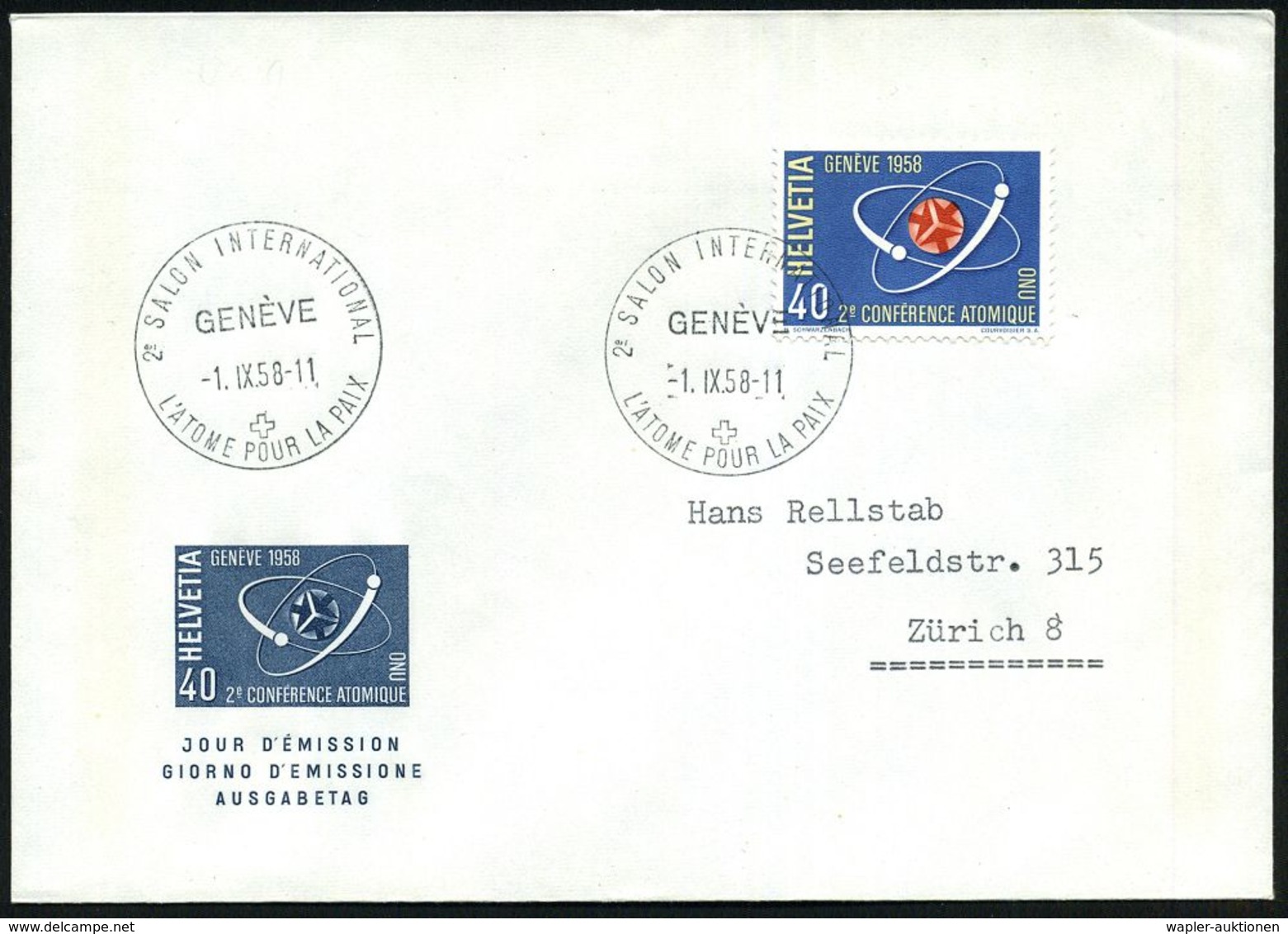 SCHWEIZ 1958 (1.9.) SSt: GENEVE/2e. SALON INTERNATIONAL/ L'ATOME POUR LA PAIX (= UNO-Atom-Konferenz Für Den Frieden)  EF - Autres & Non Classés