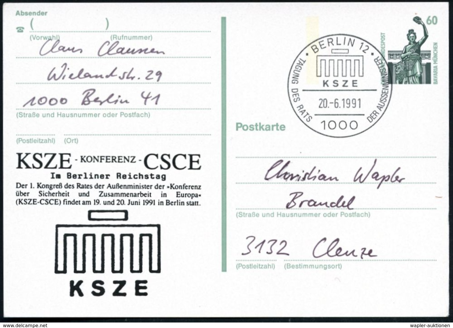 1000 BERLIN 12/ KSZE/ TAGUNG DES RATS DER AUSSENMINISTER 1991 (20.6.) SSt = Stilis. Brandenbg.Tor Auf Amtl. P 60 Pf. Bav - Autres & Non Classés