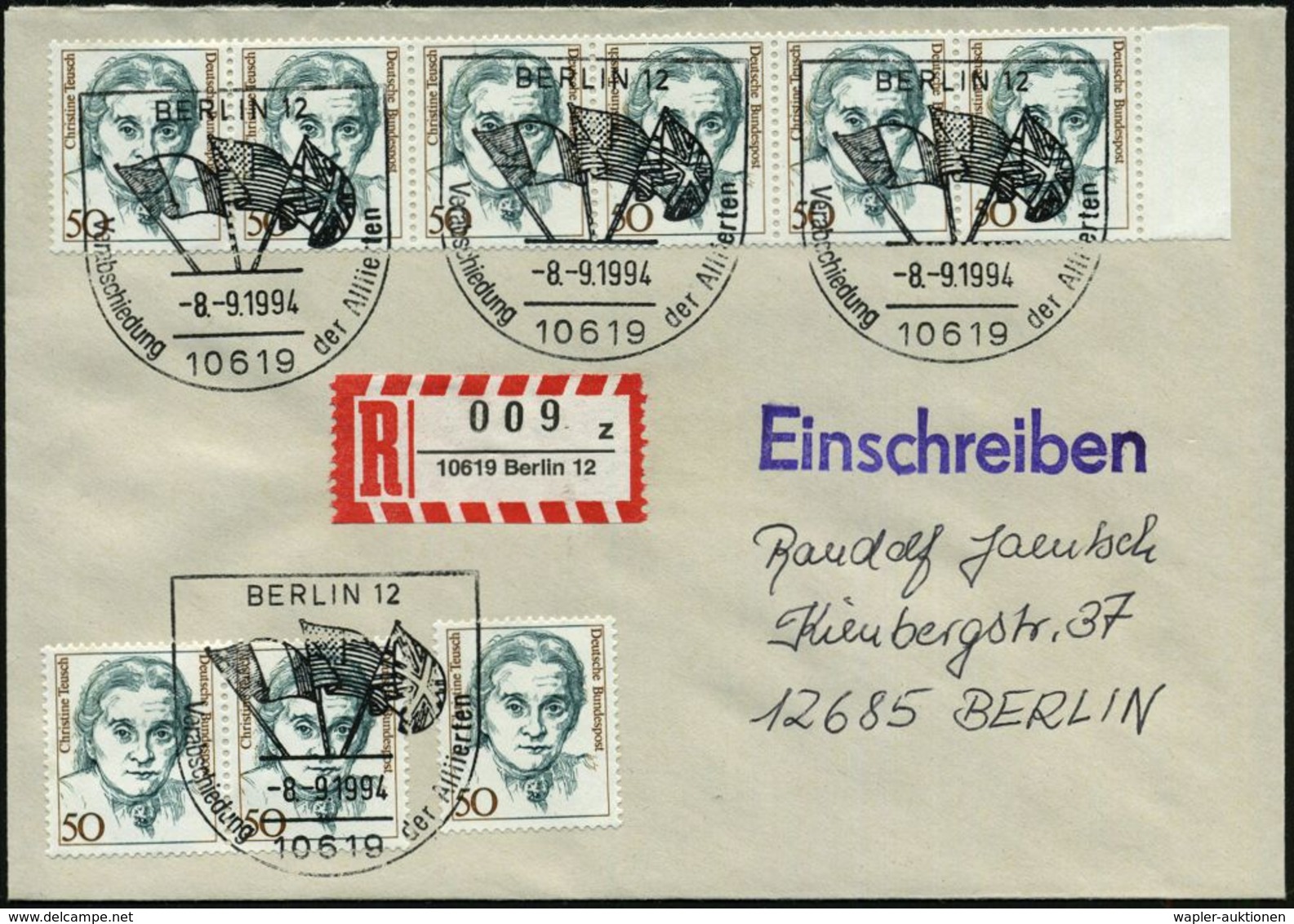 10619 BERLIN 12/ Verabschiedung Der Alliierten 1994 (8.9.) SSt = Flaggen Der West-Alliierten 4x + RZ: 10619 Berlin 12/z, - Altri & Non Classificati