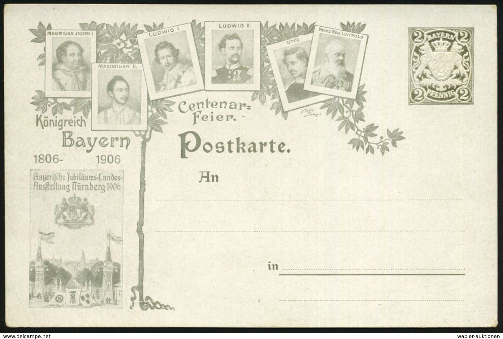 Nürnberg 1906 PP 2 Pf. Wappen, Grau: Centenar-Feier, Bayer. Jubiläums-Landes-Ausstellung = Bayer. Könige Von Maximilian  - Altri & Non Classificati