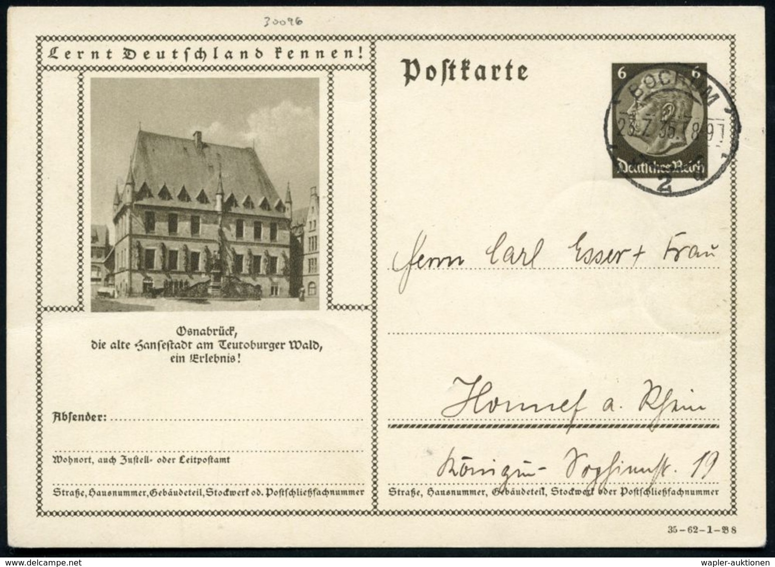 Osnabrück 1935 6 Pf. BiP Hindenbg., Braun: Die Alte Hansestadt.. (= Histor. Rathaus Des Westfälischen Friedens) Gest. (B - Andere & Zonder Classificatie