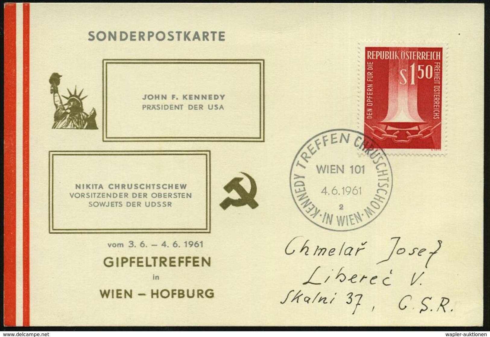 ÖSTERREICH 1961 (3.6.) SSt.: WIEN 101/10/KENNEDY TREFFEN CHRUSTSCHOW , Klar Gest. Ausl.-Sonder-Kt.! (Mi.1084 EF) - EUROP - Altri & Non Classificati