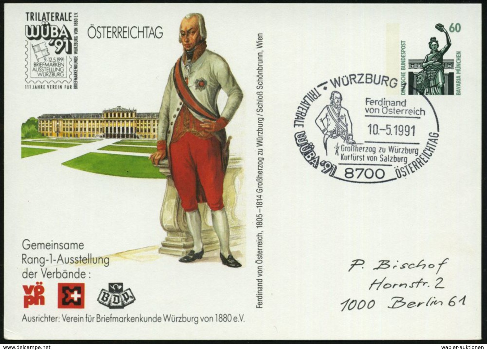 8700 WÜRZBURG 1/ Ferdinand/ V.Österreich.. 1991 (10.5.) SSt Auf Motivgl. PP 60 Pf. Bavaria: ÖSTERREICHTAG (= Ferdinand V - Other & Unclassified