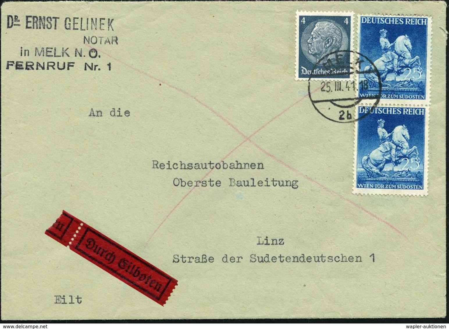 DEUTSCHES REICH 1941 (25.3.) 25 Pf. Prinz Eugen V. Savoyen Zu Pferd, 2 Stück (u. 1x 4 Pf. Hindenbg.) Gest. 1K-Brücke: ME - Altri & Non Classificati