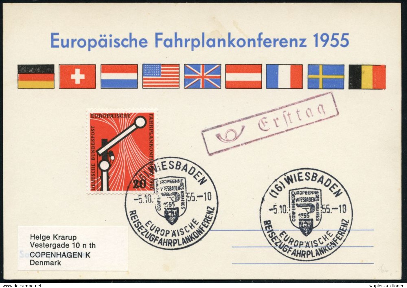 (16) WIESBADEN/ EUROP./ REISEZUGFAHRPLANKONFERENZ 1955 (10.10.) SSt Auf EF 20 Pf. "Europ. Reisefahrplan-Kon-ferenz" (Mi. - Otros & Sin Clasificación