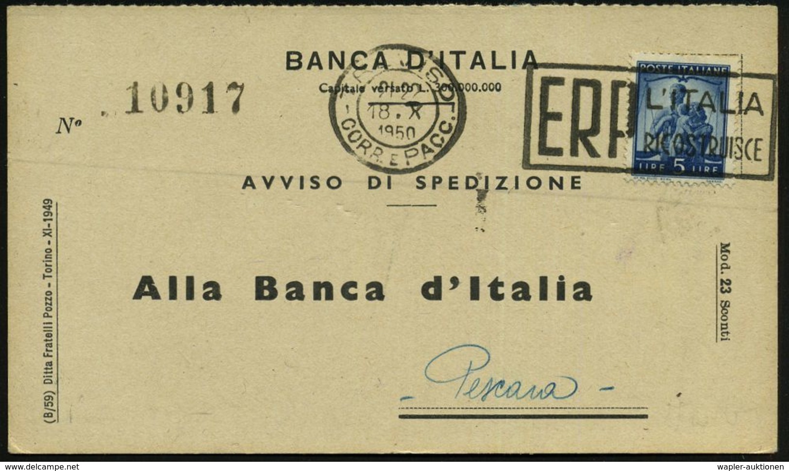 ITALIEN 1950 (18.10.) Seltener MWSt.: TREVISO/ CORR. E PACC./ E R P / L'ITALIA/ RICOSTRUISCE (Text Rechts) Klar Gest. Be - Andere & Zonder Classificatie