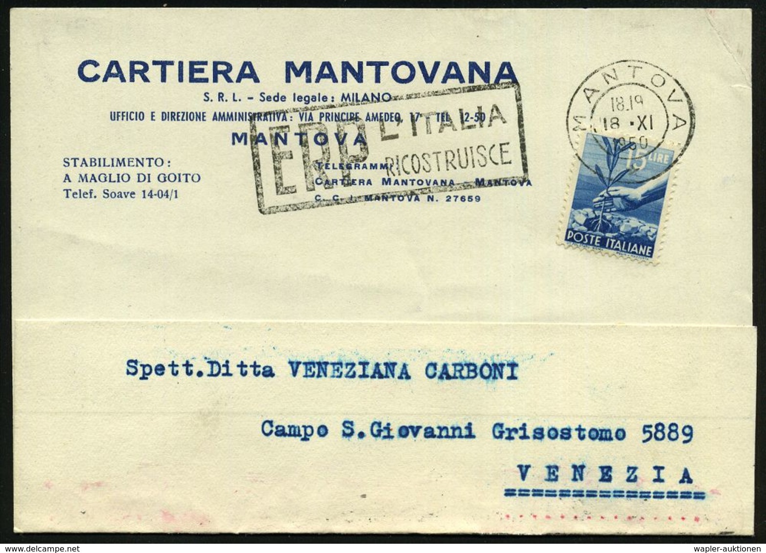 ITALIEN 1950 (18.11.) Seltener MWSt.: MANTOVA/*/E R P/ L'ITALIA/RICOSTRUISCE (Text Links) Klar Gest. Firmen-Kt. - EUROPA - Autres & Non Classés