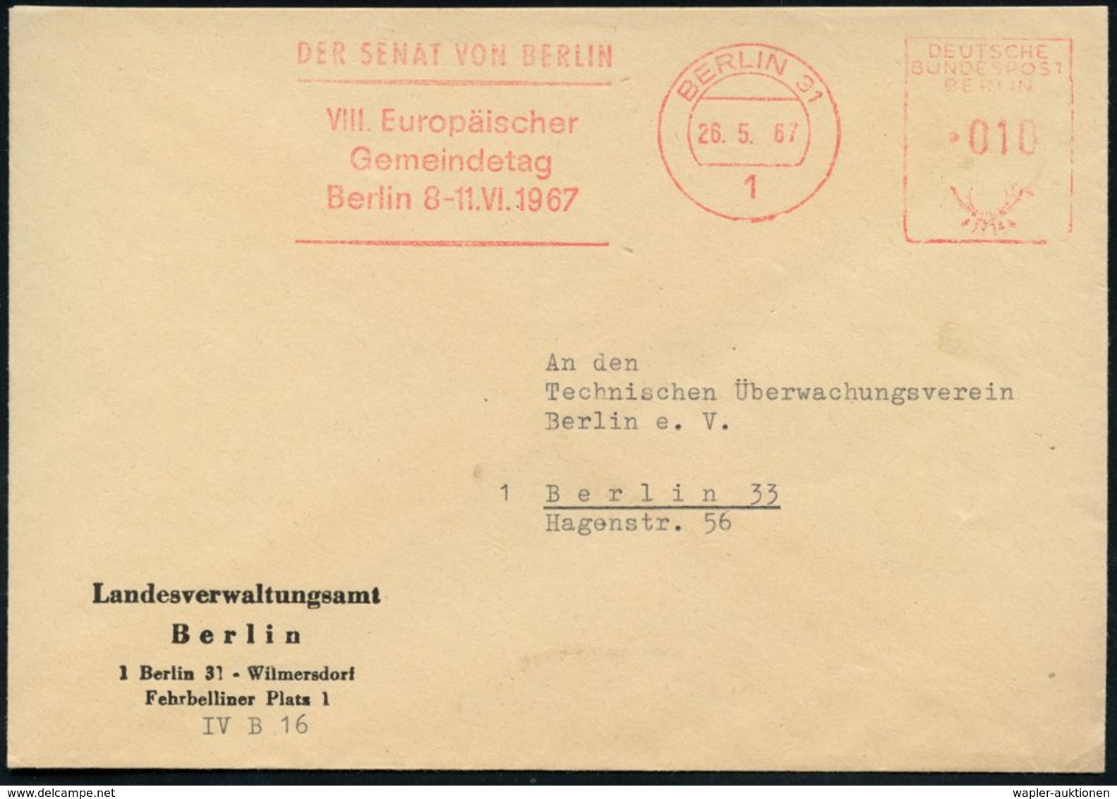 1 BERLIN 31/ DER SENAT VON BERLIN/ VIII.Europäischer/ Gemeindetag.. 1967 (26.5.) Seltener AFS Auf Dienst-Bf.: Landesverw - Andere & Zonder Classificatie