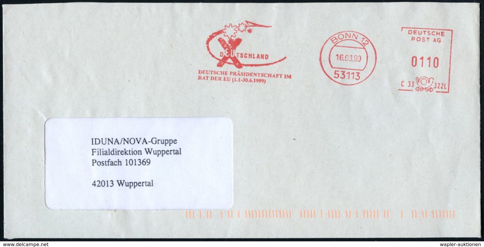 53113 BONN 12/ C33 322L/ DEUTSCHE PRÄSIDENTEN IM/ RAT DER EU (1.1.-30.6.1999) 1999 (16.03.) AFS "DEUTSCHE POST AG" (Logo - Sonstige & Ohne Zuordnung
