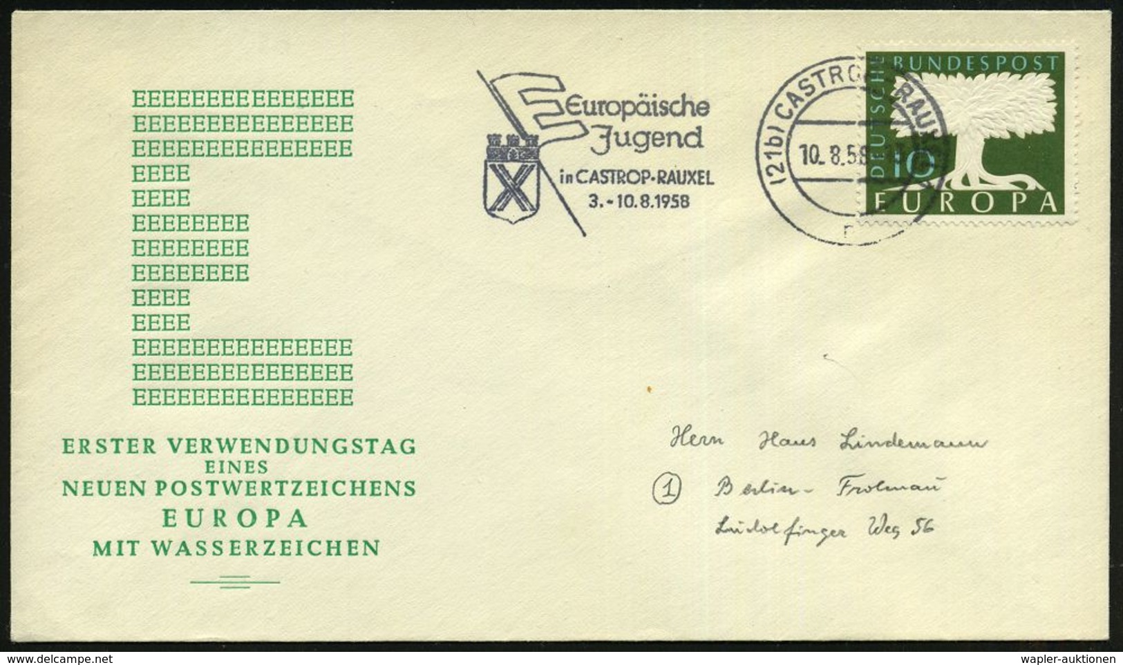 (21b) CASTROP-RAUXEL 1/ N/ Europäische/ Jugend/ ..3.-10.8. 1958 (10.8.) Seltener MWSt = Alte Europa-Flagge (u. Stadtwapp - Autres & Non Classés