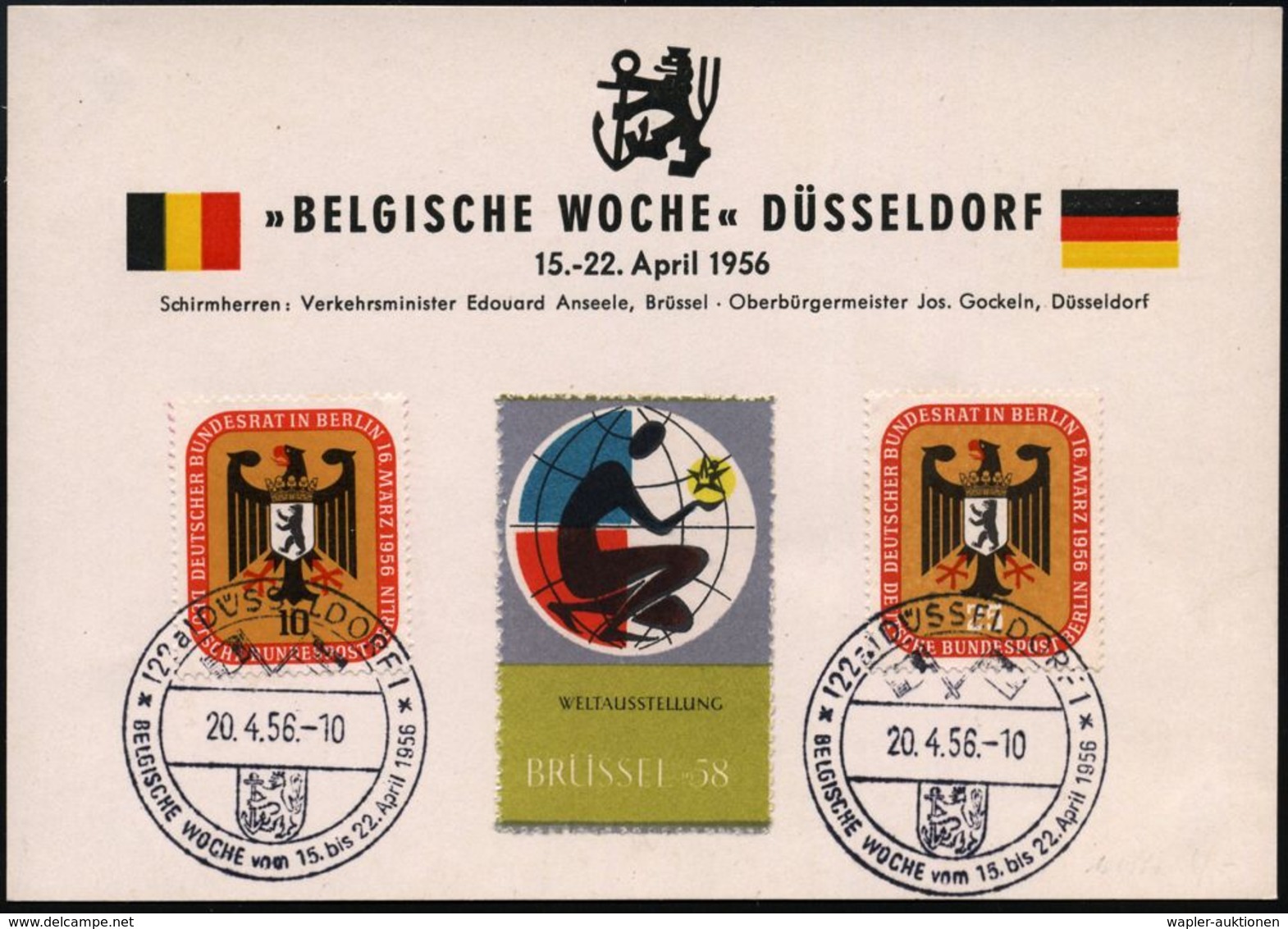 (22a) DÜSSELDORF 1/ BELGISCHE WOCHE 1956 (Apr.) SSt = Länderflaggen, Stadtwappen A. EF 10 Pf. UNO (Mi.221 EF + 20.- EUR) - Andere & Zonder Classificatie