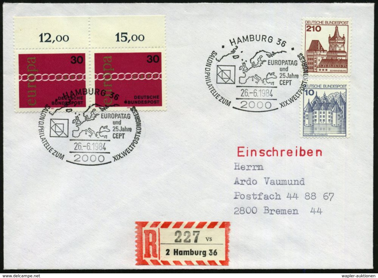 2000 HAMBURG 36/ XIX.WELTPOSTKONGRESS/ EUROPATAG/ U.25 Jahre/ CEPT 1984 (26.6.) SSt (UPU-Logo/ Europakarte) A.Cept-Frank - Sonstige & Ohne Zuordnung