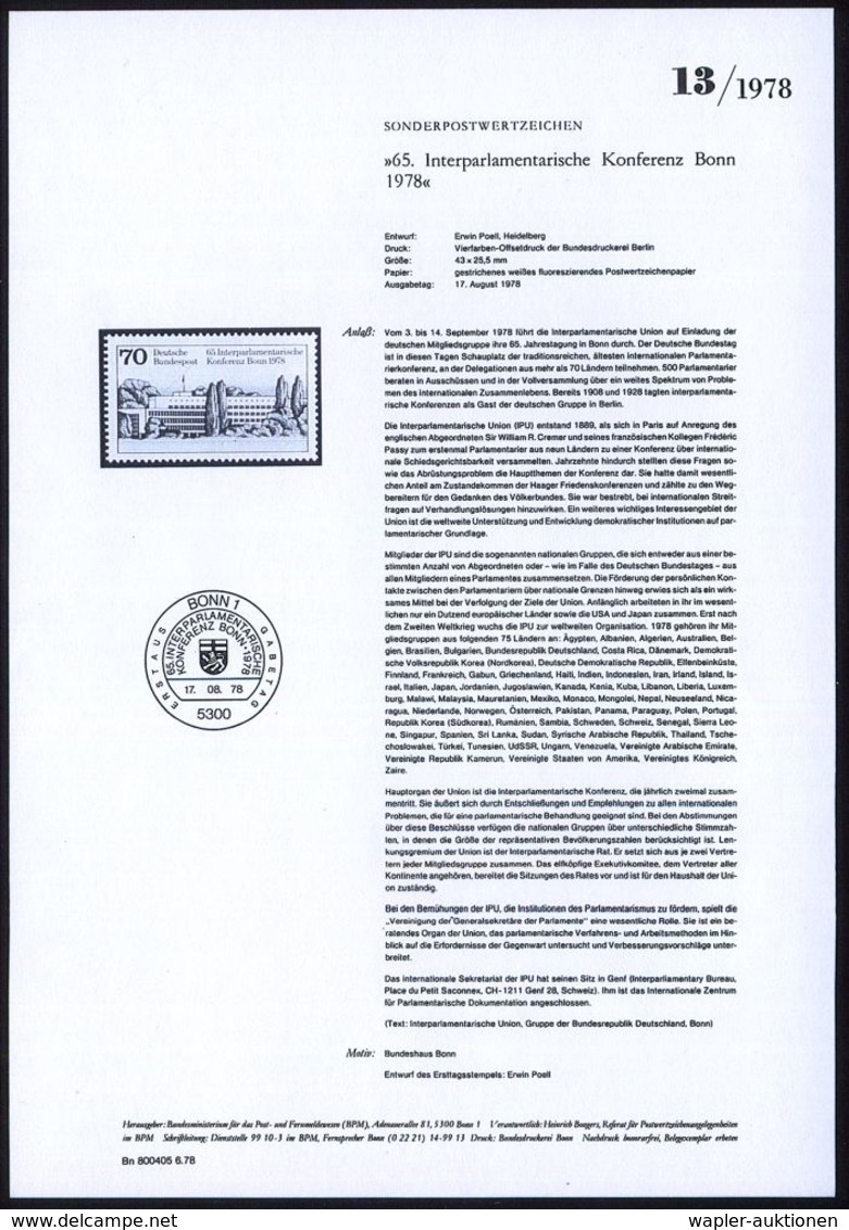 B.R.D. 1978 (Aug.) 70 Pf. "65. Interparlamentarische Konferenz Bonn" (Bundestag) + Amtl. Handstempel  "M U S T E R" , Po - Andere & Zonder Classificatie