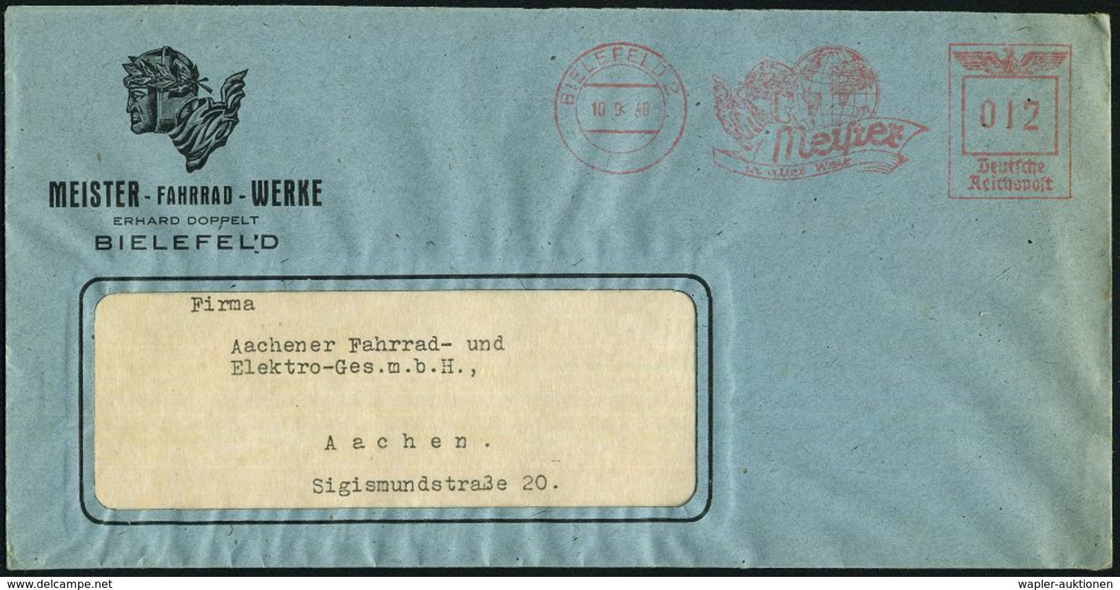 BIELEFELD 2/ Meister/ In Aller Welt 1940 (10.9.) Dekorat. AFS = Rad-Rennfahrerkopf (mit Lorbeer Vor Globus) = Fa. Erhard - Autres (Terre)