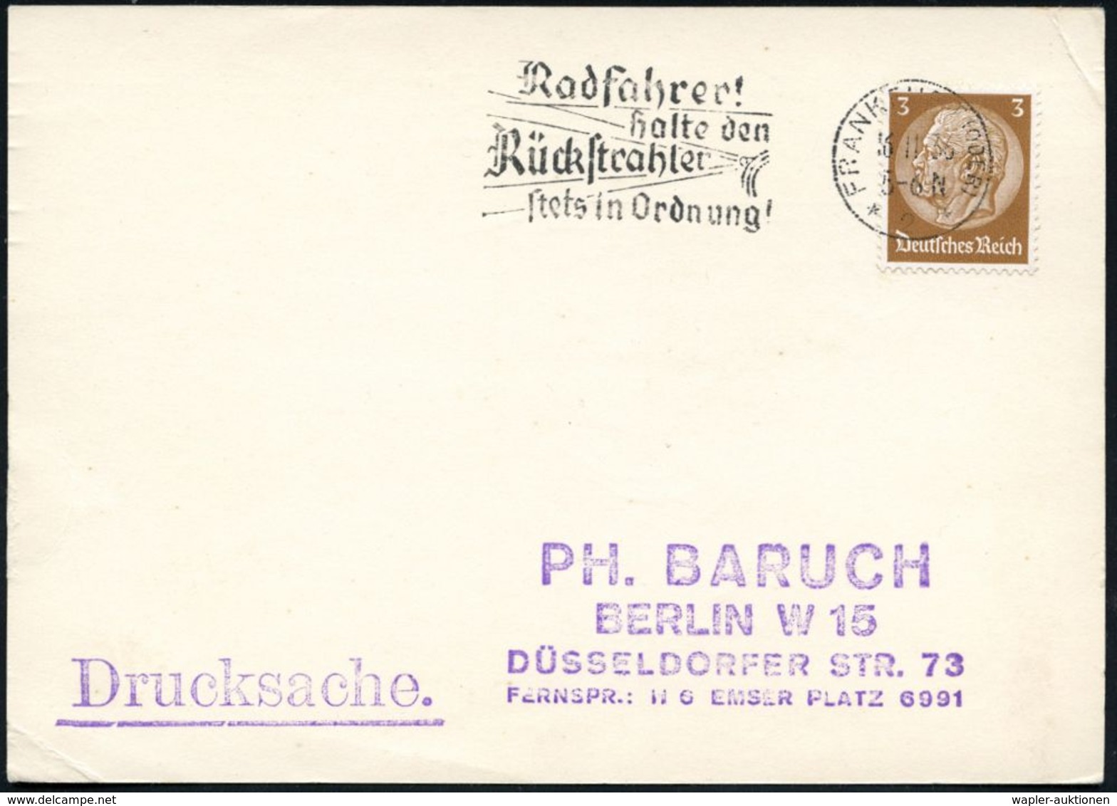 FRANKFURT (ODER)/ *2*/ Radfahrer!/ Halte Den/ Rückstrahler/ Stets In Ordnung! 1936 (16.11.) MaWSt = Rückstrahler Auf Inl - Autres (Terre)