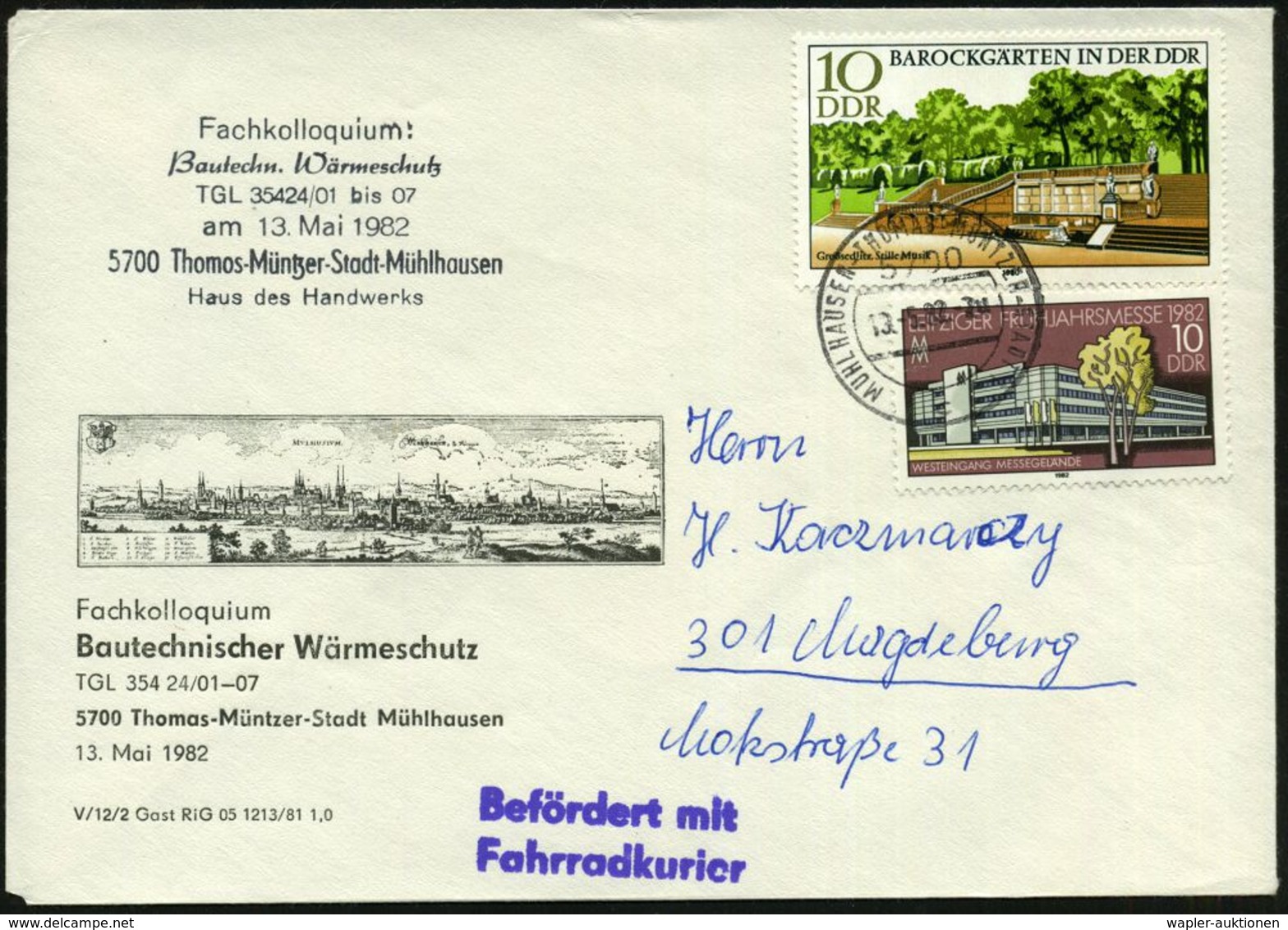 5700 MÜHLHAUSEN THOMAS-MÜNTZER-STADT 1/ C 1982 (13.5.) 1K + Viol. 2L: Befördert Mit/ Fahrradkurier , Dekorat. SU: Fachko - Altri (Terra)