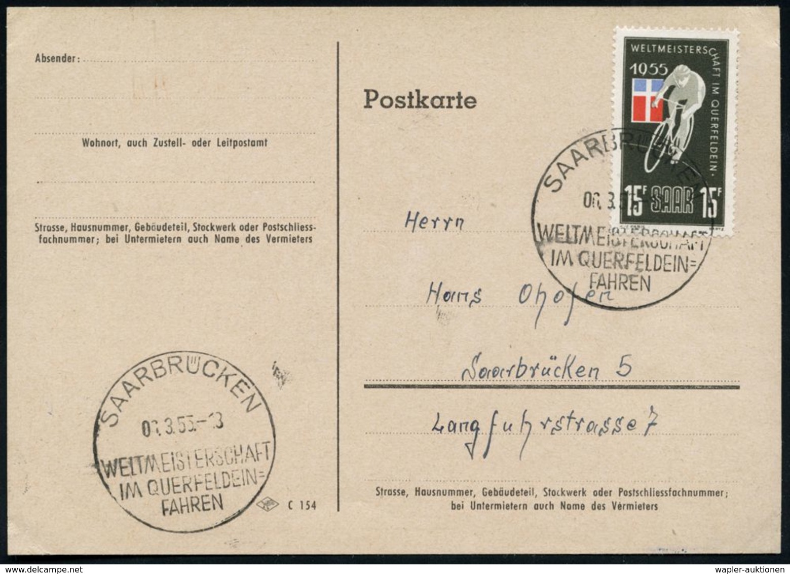 SAARLAND 1955 (6.3.) 15 F. "Rad-Querfeldein-WM", EF + Passender SSt.: SAARBRÜCKEN/WM IM QUERFELDEIN-FAHREN , Orts-Kt. (M - Autres (Terre)