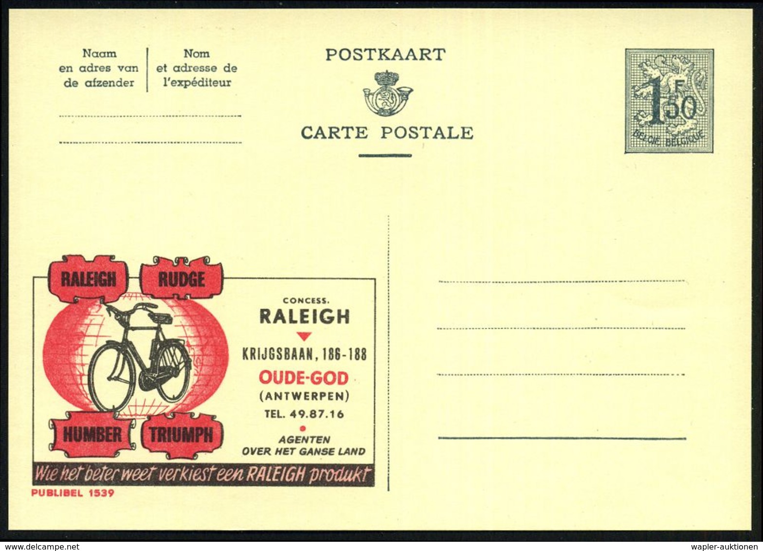 BELGIEN 1957 1,50 F. Reklame-P Ziffer, Grau: RALEIGH RUDGE.. = Holland-Rad (vor Globus) Ungebr., (Mi.P 301 II / 1539) -  - Andere (Aarde)