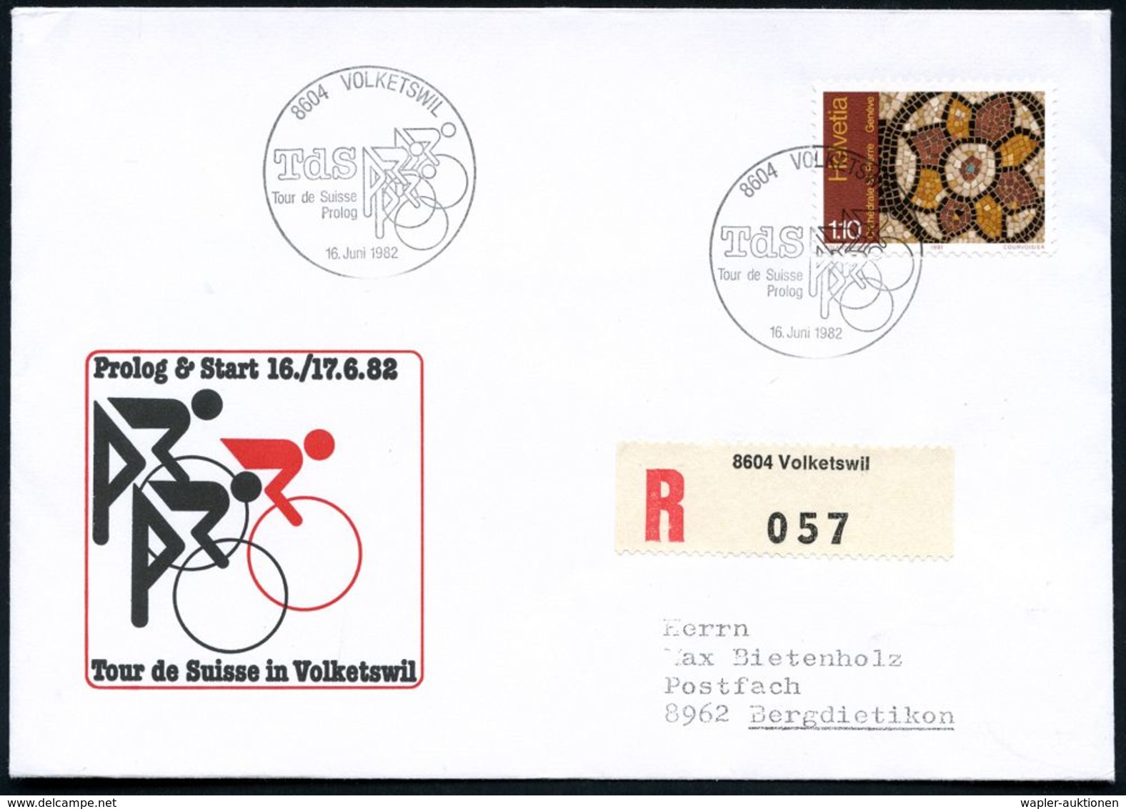 SCHWEIZ 1982 (16.6.) SSt: 8604 VOLKETSWIL/TdS/Tour De Suisse/Prolog = Radsport-Piktogramm + RZ: 8604 Volketswil, Motivgl - Other (Earth)