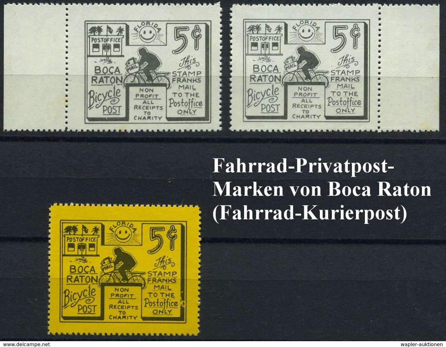 U.S.A. 1980 (ca.) Privatpost BOCA RATION (Florida) "Bicycle Post" 5 C.: Braun/weiß, Gez., 2 Verschiedene Randstücke U. , - Autres (Terre)